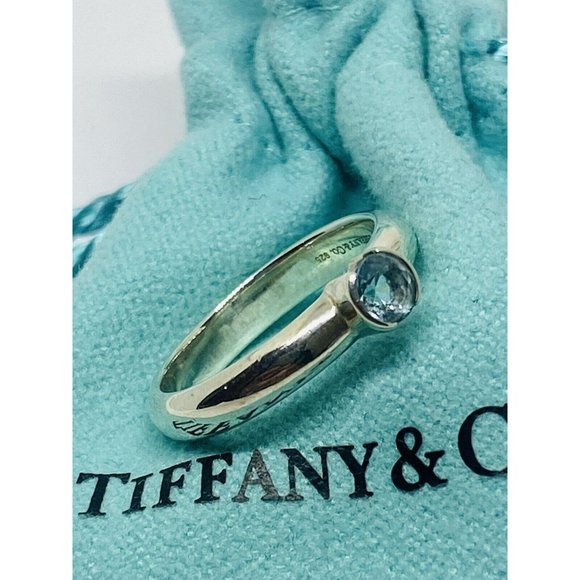 TIFFANY & Co Sterling Silver Round Blue Aquamarine Stack...